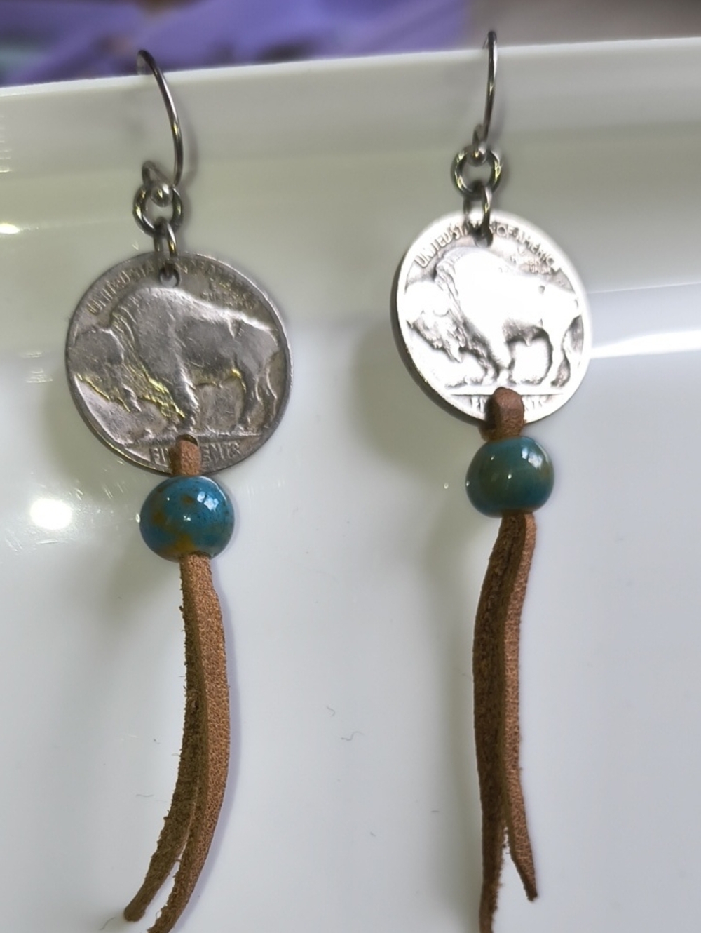 Buffalo Coin Tassel Earrings with Turquoise Colored Beads and Suede Fringe